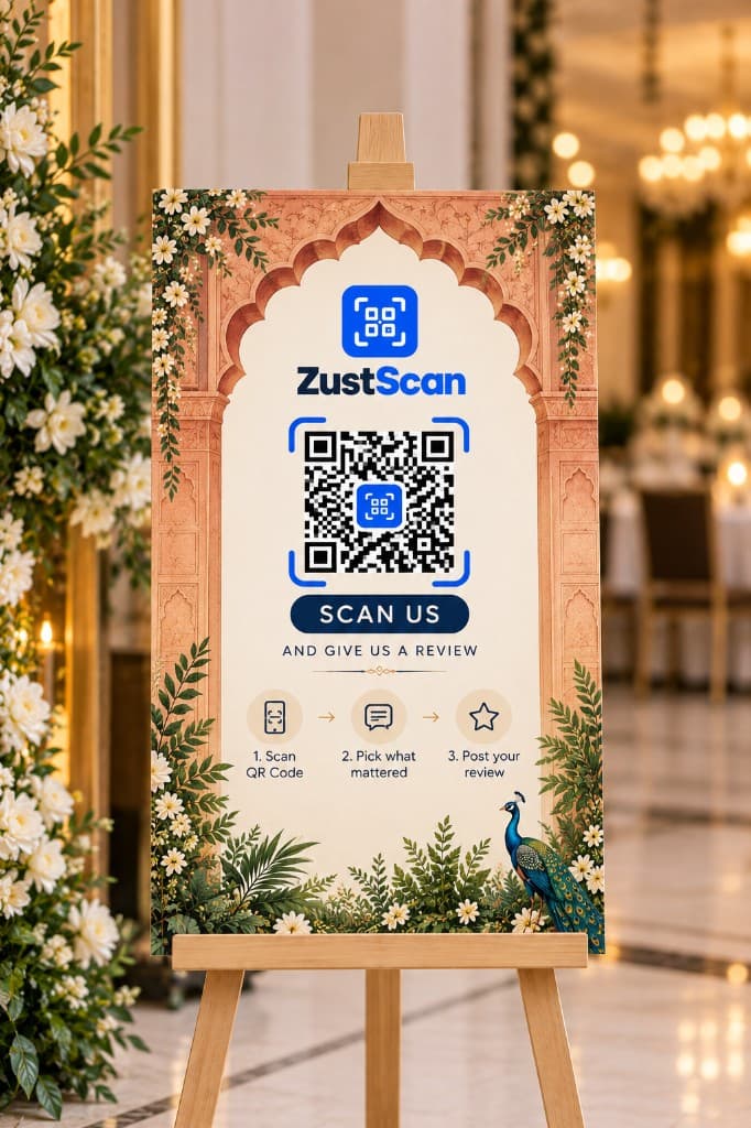 Zust Scan event standee on a wooden easel with QR code and review steps